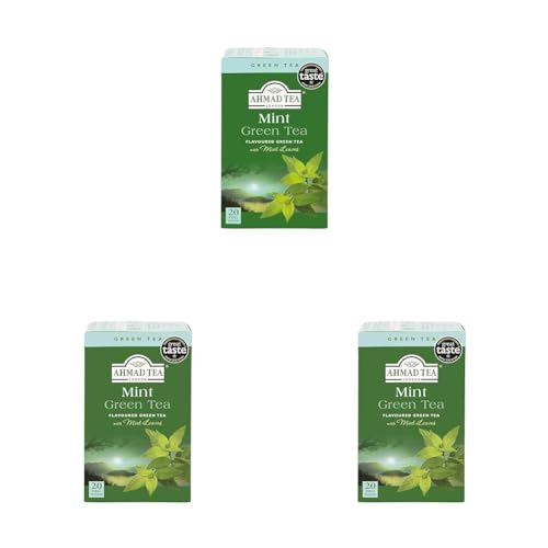 Ahmad Tea Green Mint - Grüner Tee mit Minze - Einzeln Verpackte, Aromaversiegelte Teebeutel mit 2g Tee pro Portion - 20 Teebeutel mit Band (Packung mit 3) von Ahmad Tea