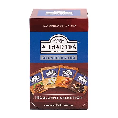 Ahmad Tea - Indulgent Selection - Koffeinfreier Schwarztee - Haselnuss & Schokolade, Zimt, Vanille und Süßer Karamell - Aromaversiegelte Teebeutel mit 2g Tee pro Portion - 20 (4x5) Teebeutel mit Band von Ahmad Tea