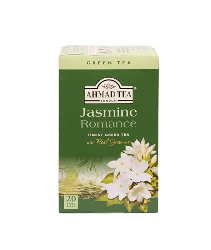 Ahmad Tea - Jasmine Romance - Grüner Jasmintee mit echten Jasminblüten - Einzeln Verpackte, Aromaversiegelte Teebeutel mit 2g Tee pro Portion - 20 Teebeutel mit Band von Ahmad Tea