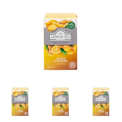 Ahmad Tea - Lemon & Ginger - Früchte- und Kräutertee ohne Koffein - Zitrone und Ingwer - Einzeln Verpackte, Aromaversiegelte Teebeutel mit 2g Tee pro Portion - 20 Teebeutel mit Band (Packung mit 4) von Ahmad Tea