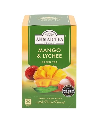 Ahmad Tea - Mango & Lychee - Grüner Tee mit Mango und Litschi - Mit Fruchtstücken - Einzeln Verpackte, Aromaversiegelte Teebeutel mit 2g Tee pro Portion - 20 Teebeutel mit Band von Ahmad Tea