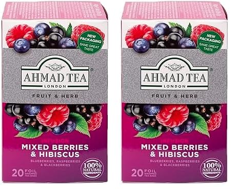 Ahmad Tea - Mixed Berries & Hibiscus - Früchte- und Kräutertee ohne Koffein - Waldbeeren und Hibiskus - Einzeln Verpackte, Aromaversiegelte Teebeutel mit 2g Tee pro Portion - 20 Teebeutel mit Band von Ahmad Tea