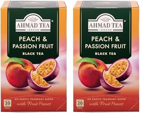 Ahmad Tea - Peach & Passionfruit - Schwarztee mit Pfirsich und Passionsfrucht - Mit Fruchtstücken - Einzeln Verpackte, Aromaversiegelte Teebeutel mit 2g Tee pro Portion - 20 Teebeutel mit Band von Ahmad Tea