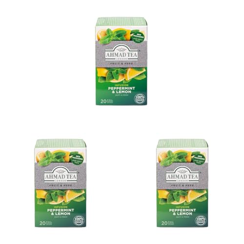 Ahmad Tea - Peppermint & Lemon - Früchte- und Kräutertee ohne Koffein - Pfefferminze und Zitrone - Einzeln Verpackte, Aromaversiegelte Teebeutel mit 2g Tee pro Portion - 20 Teebeutel mit Band von Ahmad Tea