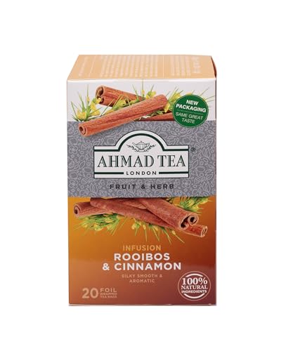 Ahmad Tea Rooibos & Cinnamon - Früchte- und Kräutertee ohne Koffein - Rooibos und Zimt - Einzeln Verpackte, Aromaversiegelte Teebeutel mit 2g Tee pro Portion - 20 Teebeutel mit Band von Ahmad Tea