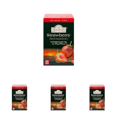 Ahmad Tea - Strawberry Sensation - Schwarztee mit Erdbeere - Mit Fruchtstücken - Einzeln Verpackte, Aromaversiegelte Teebeutel mit 2g Tee pro Portion - 20 Teebeutel mit Band (Packung mit 4) von Ahmad Tea