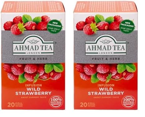 Ahmad Tea - Wild Strawberry - Früchte- und Kräutertee ohne Koffein - Erdbeer - Einzeln Verpackte, Aromaversiegelte Teebeutel mit 2g Tee pro Portion - 20 Teebeutel mit Band (Packung mit 2) von Ahmad Tea