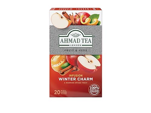 Ahmad Tea - Winter Charm - Früchte- und Kräutertee - Orange, Apfel, Zimt, Nelken, Hibiskus und Süßholz - Einzeln Verpackte, Aromaversiegelte Teebeutel mit 2g Tee pro Portion - 20 Teebeutel mit Band von Ahmad Tea