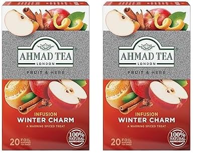 Ahmad Tea - Winter Charm - Früchte- und Kräutertee - Orange, Apfel, Zimt, Nelken, Hibiskus und Süßholz - Einzeln Verpackte, Aromaversiegelte Teebeutel mit 2g Tee pro Portion - 20 Teebeutel mit Band von Ahmad Tea