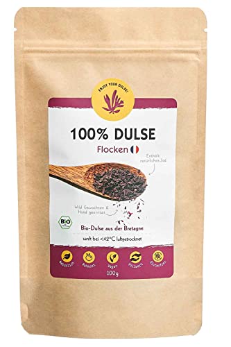 Bio Dulse Flocken 100 g I Ökologisch Wild Geerntet in der Bretagne Frankreich, voller Nährstoffe, Vitalstoffe, vegane ernährung, Rohkost glutenfrei, Ideal als Salz ersatz und Jod Quelle - Algen Markt von Akal Food