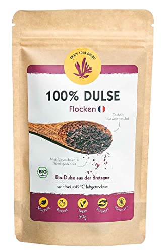 Bio Dulse Flocken 50 g I Ökologisch Wild Geerntet in der Bretagne Frankreich, voller Nährstoffe, Vitalstoffe, vegane ernährung, Rohkost glutenfrei, Ideal als Salz ersatz und Jod Quelle - Algen Markt von Akal Food