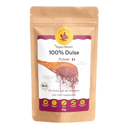 Bio Dulse Pulver 50 g I Ökologisch Wild Geerntet in der Bretagne Frankreich, voller Nährstoffe, Vitalstoffe, vegane ernährung, Rohkost glutenfrei, Ideal als Salz ersatz und Jod Quelle - Algen Markt von Akal Food