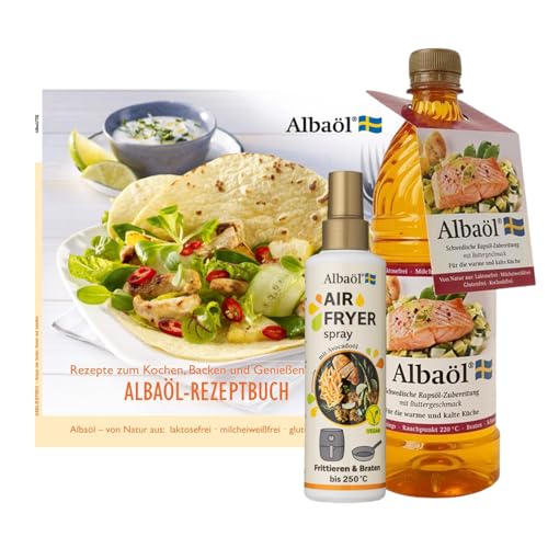 Albaöl - Rezeptbuch "Rezepte zum Kochen, Backen und Genießen" + Air Fryer Spray, 190 ml Flasche + Albaöl, 750 ml Flasche I Geeignet für alle Kochanforderungen bei Temperaturen bis zu 250°C von Albaöl