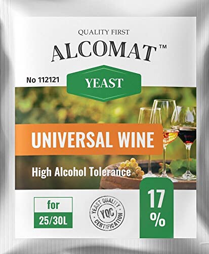 Weinhefe Universal 1er Pack - Trockenhefe für Rotweine und Weißweine - Reinzuchthefe für Wein Gärtemperatur 10-35°C - Alkoholtoleranz bis zu 17% von Alcomat