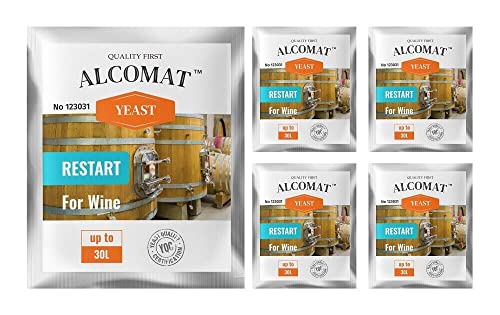 Alcomat Weinhefe für die Wiederaufnahme der Gärung Restart Yeast, Gärhefe Wein auf 25 bis 30 Liter, Hefe Trockenhefe Alkoholverträglichkeit bis 18%, 5er Set von Alcomat