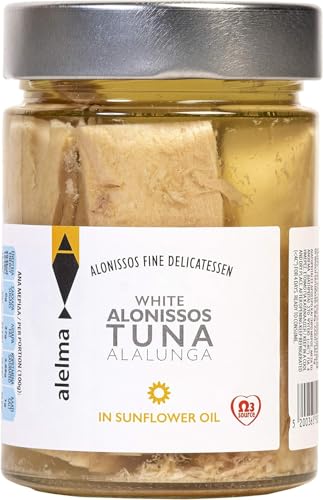 Alelma Weißer Alalunga Thunfisch in Sonnenblumenöl aus Alonissos Insel Griechenland, 314 g – Quecksilberfrei – Ohne Schwermetalle - Ohne Zuckerzusatz - Ohne Konservierungsstoffe von alelma ALONISSOS FINE DELICATESSEN