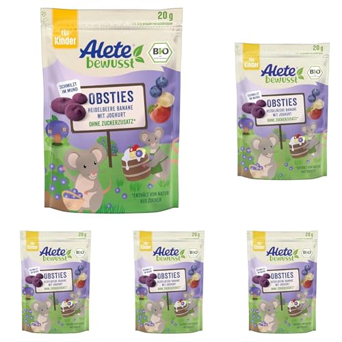 Alete bewusst Obsties Heidelbeere Banane mit Joghurt, ab 3 Jahren, gefriergetrocknete Bio-Fruchtchips, Früchte-Snack für Kinder, verzehrfertig im verschließbaren Beutel, 20 g (Packung mit 5) von Alete bewusst