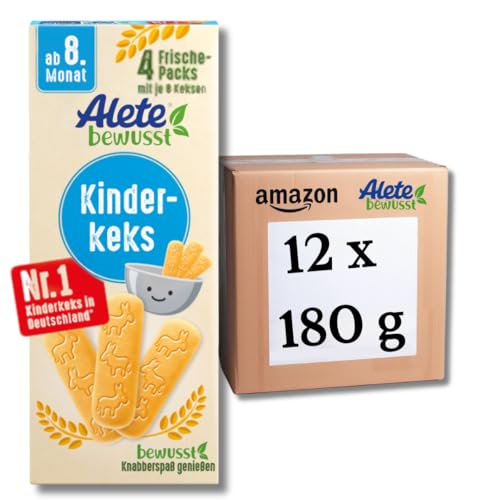 Alete bewusst Kinderkeks, ab dem 8. Monat, Butterkeks aus Weizen für Kinder, handlich verpackte Kekse als kleiner Snack, perfekt für unterwegs & zwischendurch, 12 x 180 g von Alete bewusst