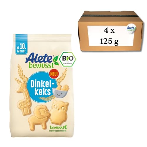 Alete bewusst Bio-Dinkelkeks (4x125 g) - Knusprige Dinkelkekse für Babys, Ohne Palmöl, Ab dem 10 Monat von Alete