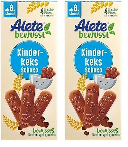 Alete bewusst Kinderkeks Schoko, ab dem 8. Monat, Butterkeks aus Weizen für Kinder, handlich verpackte Kekse als kleiner Snack, perfekt für unterwegs & zwischendurch, 1 x 180 g (Packung mit 2) von Alete