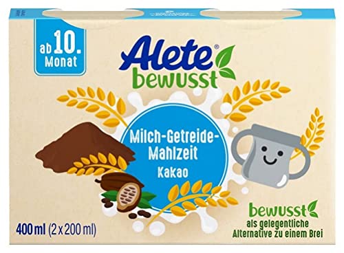 Alete bewusst Milch-Getreide-Mahlzeit Kakao, ab dem 10. Monat, trinkfertige Babynahrung mit Kakaopulver, praktischer Ersatz zu Babybrei, warm oder kalt trinken, 400 ml (2 x 200 ml) von Alete