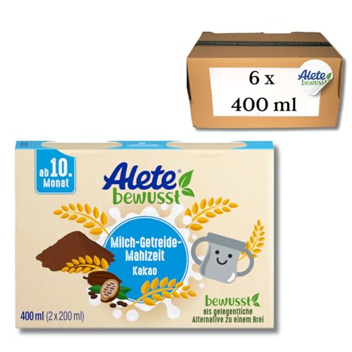 Alete bewusst Milch-Getreide-Mahlzeit Kakao, ab dem 10. Monat, trinkfertige Babynahrung mit Kakaopulver, praktischer Ersatz zu Babybrei, warm oder kalt trinken, 6 x 400 ml (2 x 200 ml) von Alete