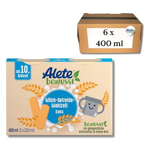 Alete bewusst Milch-Getreide-Mahlzeit Keks, ab dem 10. Monat, trinkfertige Babynahrung mit Keksmehl, praktischer Ersatz zu Babybrei, warm oder kalt trinken, 6 x 400 ml (2 x 200 ml) von Alete