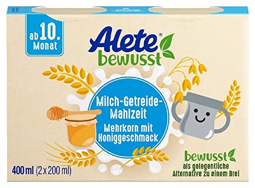 Alete bewusst Milch-Getreide-Mahlzeit Mehrkorn mit Honiggeschmack, ab dem 10. Monat, trinkfertige Babynahrung als Ersatz zu Babybrei, warm oder kalt trinken, 400 ml (2 x 200 ml) von Alete