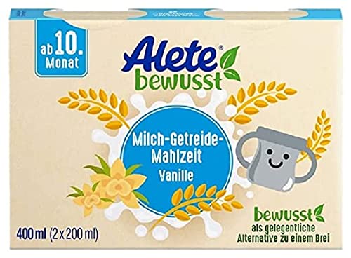 Alete bewusst Milch-Getreide-Mahlzeit Vanille, ab dem 10. Monat, trinkfertige Babynahrung mit Vanille-Aroma, praktischer Ersatz zu Babybrei, warm oder kalt trinken, 400 ml (2 x 200 ml) von Alete