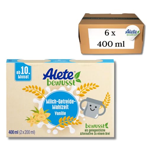 Alete bewusst Milch-Getreide-Mahlzeit Vanille, ab dem 10. Monat, trinkfertige Babynahrung mit Vanille-Aroma, praktischer Ersatz zu Babybrei, warm oder kalt trinken, 6 x 400 ml (2 x 200 ml) von Alete