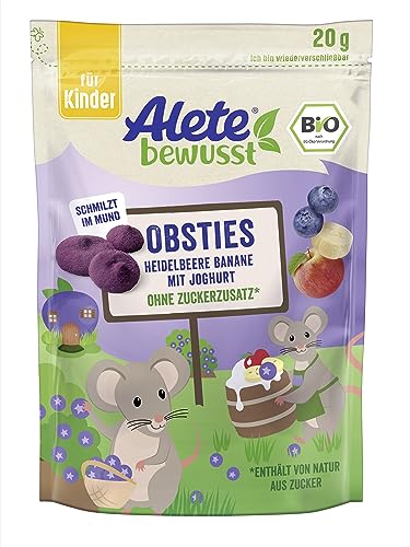 Alete bewusst Obsties Heidelbeere Banane mit Joghurt, ab 3 Jahren, gefriergetrocknete Bio-Fruchtchips, Früchte-Snack für Kinder, verzehrfertig im verschließbaren Beutel, 20 g von Alete