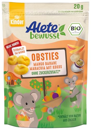 Alete bewusst Obsties Mango Banane Maracuja mit Kokos, ab 3 Jahren, gefriergetrocknete Bio-Fruchtchips, Früchte-Snack für Kinder, verzehrfertig im verschließbaren Beutel, 1 x 20 g von Alete bewusst