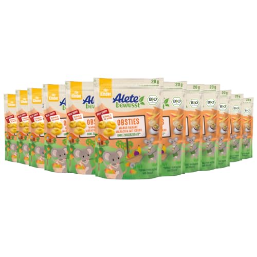 Alete bewusst Obsties Mango Banane Maracuja mit Kokos, ab 3 Jahren, gefriergetrocknete Bio-Fruchtchips, Früchte-Snack für Kinder, verzehrfertig im verschließbaren Beutel, 12 x 20 g von Alete bewusst