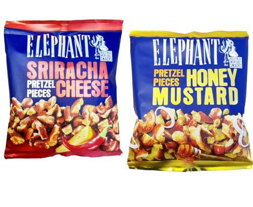 Elephant Pretzel Pieces Honey Mustard Brezelstücke Mit Honig- Senfgeschmack 125g Und Elephant Pretzel Pieces Sriracha Cheese Brezelstücke Mit Sriracha- Käsegeschmack 125g Vorteilspackung von Alka Elephant