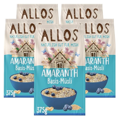 Allos Amaranth Basis Müsli | Müsli ohne Zucker | Bio Müsli | Haferflocken | Frühstückscerealien | mit Honig gesüßt | 5er Pack (5 x 375g) von Allos