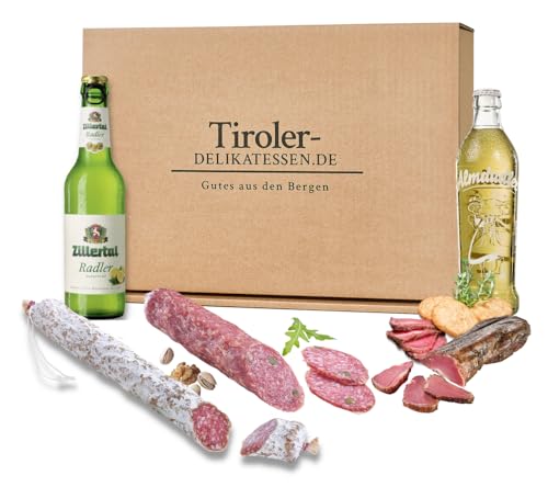 Almgourmet, Geschenkset "Tiroler Kennlernbox - Sommerfreuden" - Zusammenstellung aus 5 Tiroler Produkten - mit Salami, Radler und Filet von Almgourmet