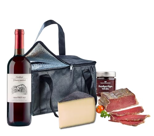 Almgourmet - Genusstasche "Weinabend" - praktische Kühltasche mit Spezialitäten aus den Bergen - fülliger Rotwein, Käse und edler Schinken von Almgourmet