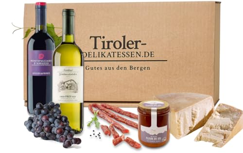 Almgourmet - Geschenkjset "Wein und Mehr" - mit Weiß- und Rotwein aus Südtirol - dazu Käse aus Italien und Fleur de Sel von Almgourmet