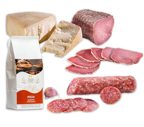 Almgourmet - Pizzaset "Pizza einfach selber machen" - mit feiner Backmischung aus Südtirol - Käse, Salami und Speck für den Belag von Almgourmet