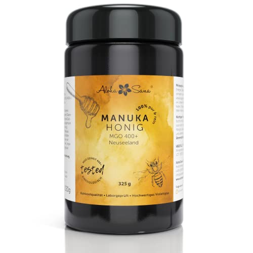 Aloha Sana | Manuka Honig 400+ MGO aus Neuseeland (325g) | Manuca honey MGO 400+ | Qualitätshonig im Ultraviolettglas | Laborgeprüft und zertifiziert von Aloha Sana