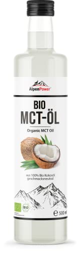 AlpenPower Bio MCT-Öl (C8 & C10) 500 ml - Aus 100% kaltgepressten Bio-Kokosöl - Für ketogene Ernährung - Geschmacksneutral, Vegan & Paleo von Alpenpower