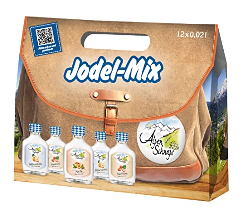 Alpenschnaps Steinbeisser Jodel-Mix Tasche (12 x 0,02l) – Geschenkset mit 3 Sorten Obstschnaps – Williamsbirne-, Marille- & Haselnuss Schnaps – in unverkennbarer Tasche aus Karton, 33 & 35 % Vol. von Alpenschnaps