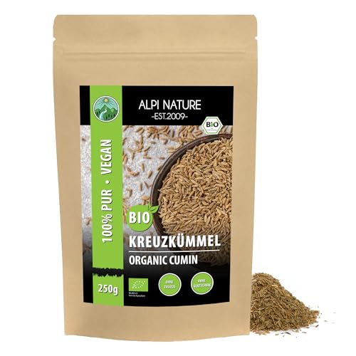 BIO Kreuzkümmel ganz (250g), Kreuzkümmelsamen in Rohkostqualität aus kontrolliert biologischem Anbau, Kreuzkümmelkörner glutenfrei, laktosefrei, laborgeprüft, vegan von Alpi Nature