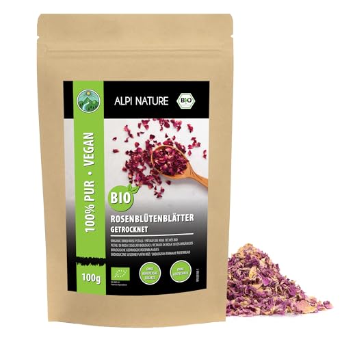 BIO Rosenblütenblätter (100g), Rosenblüten Bio getrocknet, Rosen aus kontrolliert biologischem Anbau, Rosenblätter 100% natürlich, ohne Zusätze, Rosenblütentee, Rosentee von Alpi Nature