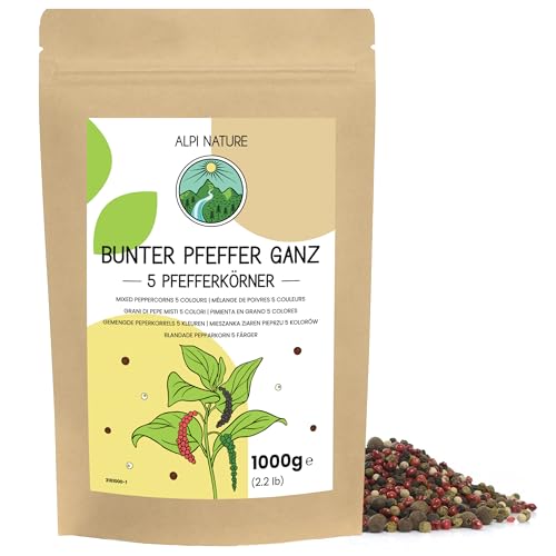 Bunter Pfeffer Ganz mit Piment 1kg von Alpi Nature, 5 Pfefferkörner Gewürzmischung aus schwarzer Pfeffer, weißer Pfeffer, grüner Pfeffer, rosa Pfeffer und Pimentkörner, Pfefferkörner bunt von Alpi Nature