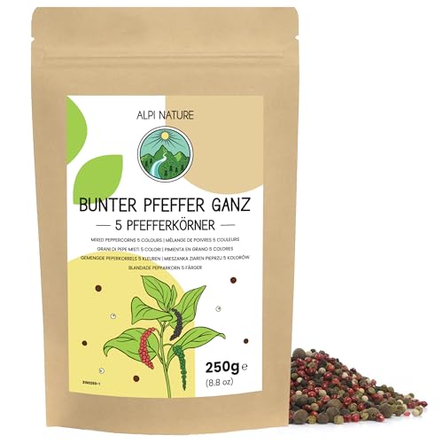 Bunter Pfeffer Ganz mit Piment 250g von Alpi Nature, 5 Pfefferkörner Gewürzmischung aus schwarzer Pfeffer, weißer Pfeffer, grüner Pfeffer, rosa Pfeffer und Pimentkörner, Pfefferkörner bunt von Alpi Nature