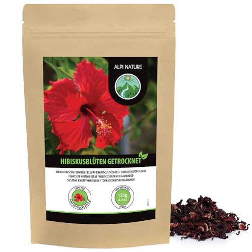 Hibiskusblüten Tee (125g), Hibiskus ganze Blüten, Hibiskusblütentee schonend getrocknet, 100% rein und naturbelassen zur Zubereitung von Hibiskustee von Alpi Nature