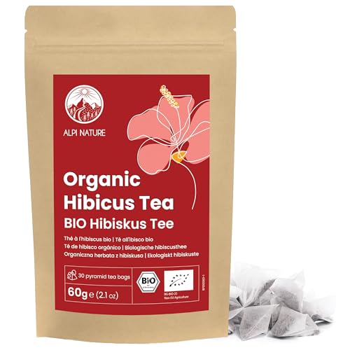 Hibiskustee BIO von Alpi Nature, 30 Tee Pyramidenbeutel à 2g, bio Hibiskus Teebeutel 60g, Hibiskusblüten getrocknet zur Zubereitung von Kräutertee und Hibiskusblütentee, Pyramiden Teebeutel von Alpi Nature