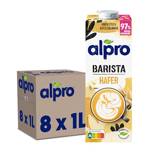 Alpro Barista Haferdrink – Zum Aufschäumen – Vegan und milchfrei – Von Natur aus laktosefrei – Reich an Ballaststoffen, Calcium und Vitaminen – 8 x 1 L – Haltbar von Alpro