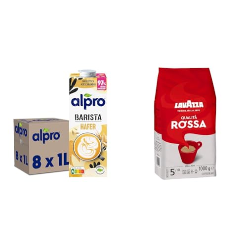 Alpro Barista Haferdrink – Von Natur aus laktosefrei – Reich an Ballaststoffen– 8 x 1 L – Haltbar mit Lavazza, Qualità Rossa, Arabica & Robusta Kaffeebohnen, Intensität 5/10, Mittlere Röstung, 1 Kg von Alpro